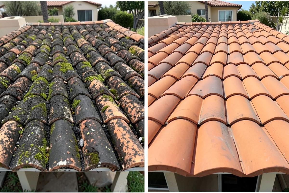 Roof soft washing before and after in Chula Vista, San Diego County