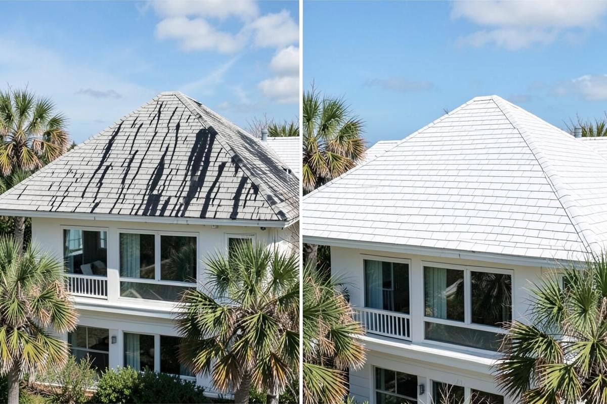 Roof soft washing before and after in Encinitas, San Diego County
