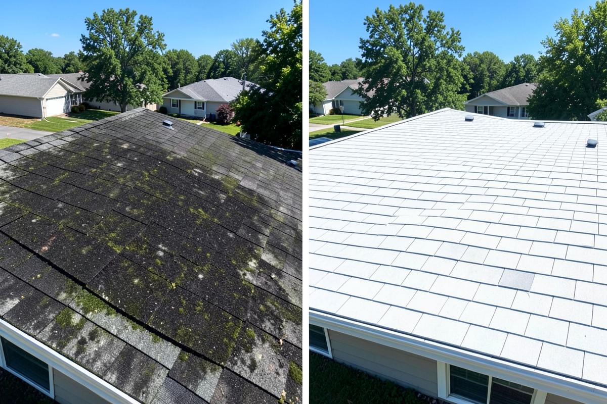 Roof soft washing before and after in Escondido, San Diego County